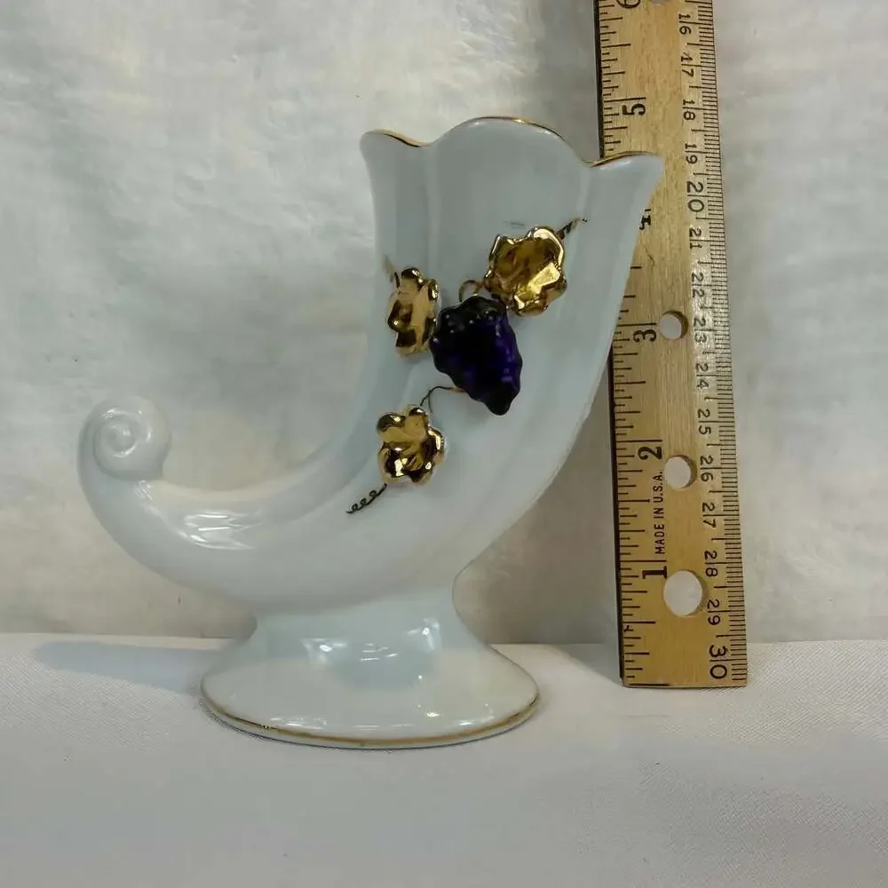Small vintage porcelain cornucopia vase white w/ gold trim purple grapes 5”
